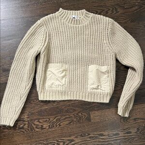 Zara Chunky Knit Pockets Crewneck Sweater in Khaki, size S